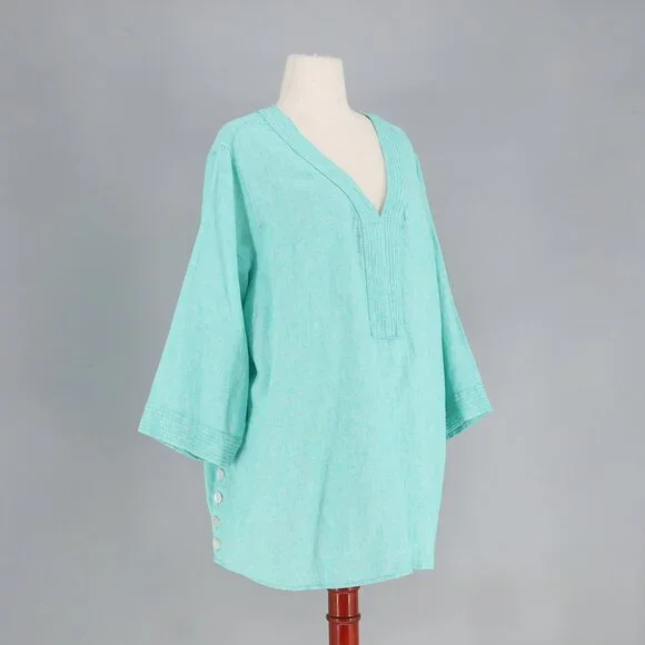 SIGRID OLSEN Linen Blend V-Neck 3/4 Sleeve Tunic Top Aqua Green Size 3X - Picture 2 of 7